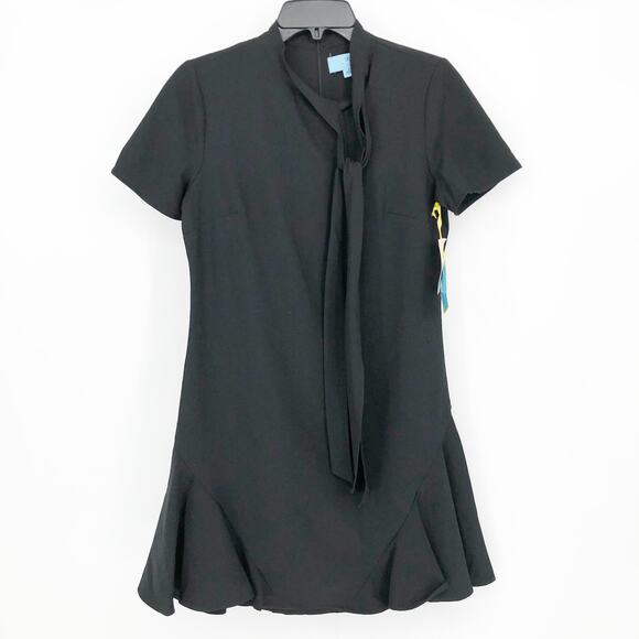 CECE Ruffled Bow Neck Mini Dress 10 Black Short Sleeve Fit & Flare NWT - Picture 4 of 13